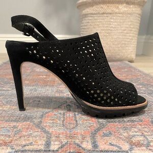 Via Spiga-Vero Cuoio, Black Suede Leather Stiletto Sling Backs, Peep Toe sz 9.5M